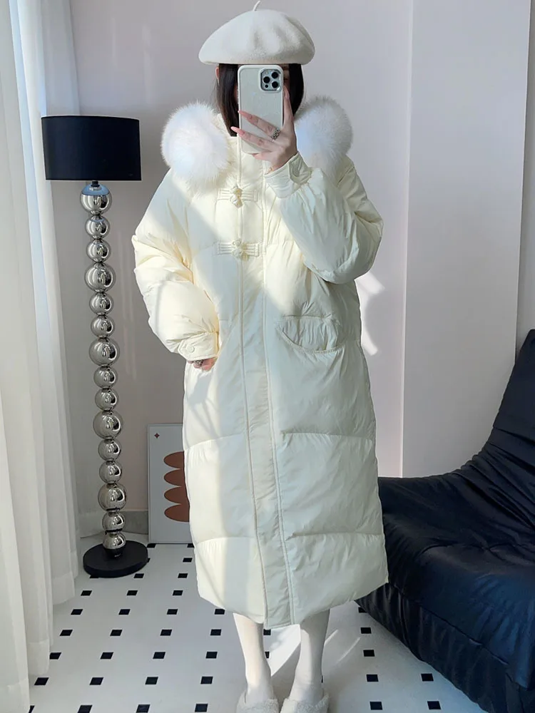 Korean  Big Real Fox Collar 90% White Duck Down Jacket Women\'s Winter New Solid Color Casual Long puffer Warm Coat For Fashion