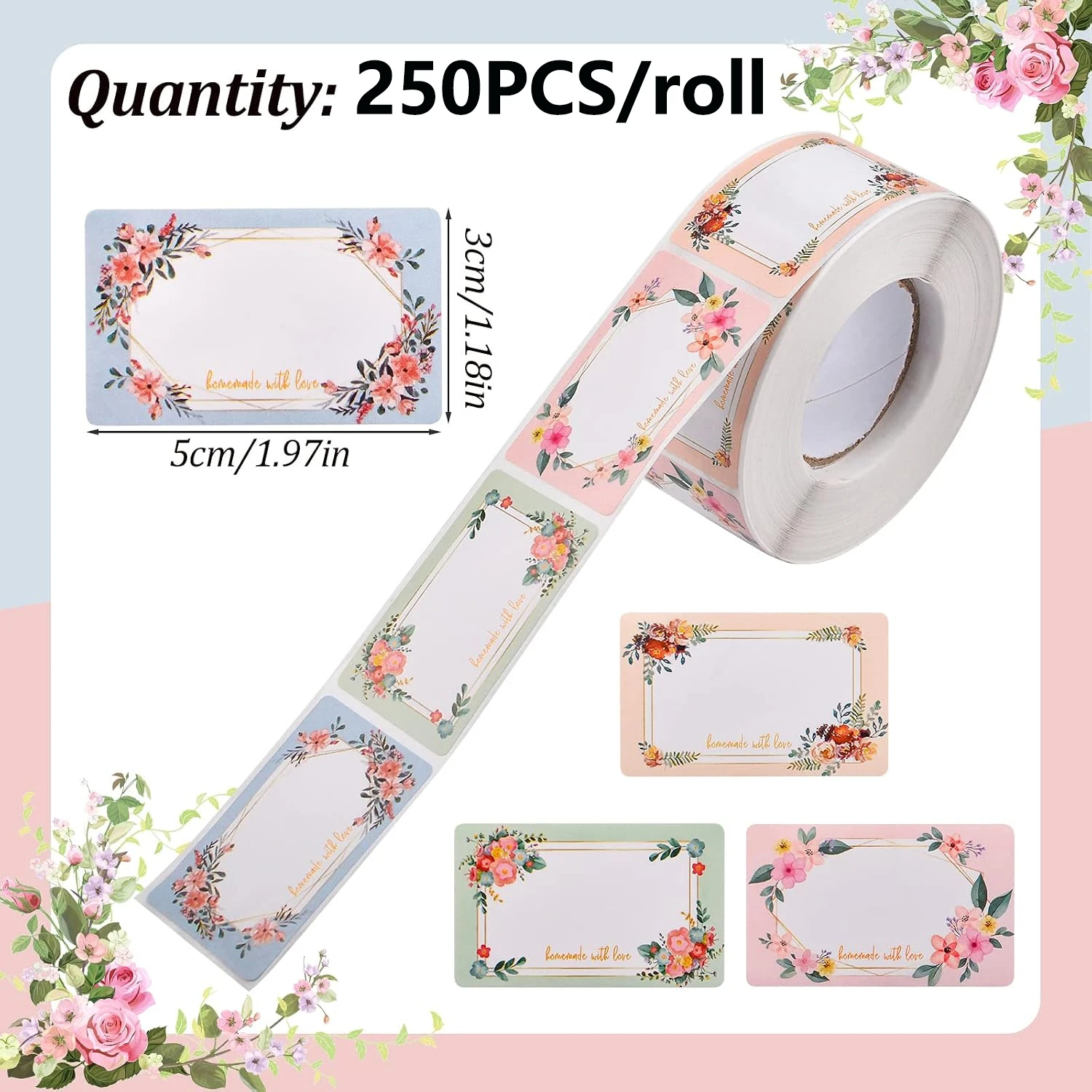250 Stickers/roll Flower And Plant Rectangular Name Stickers Gift Packaging Handwritten Blessings Self-adhesive Labels