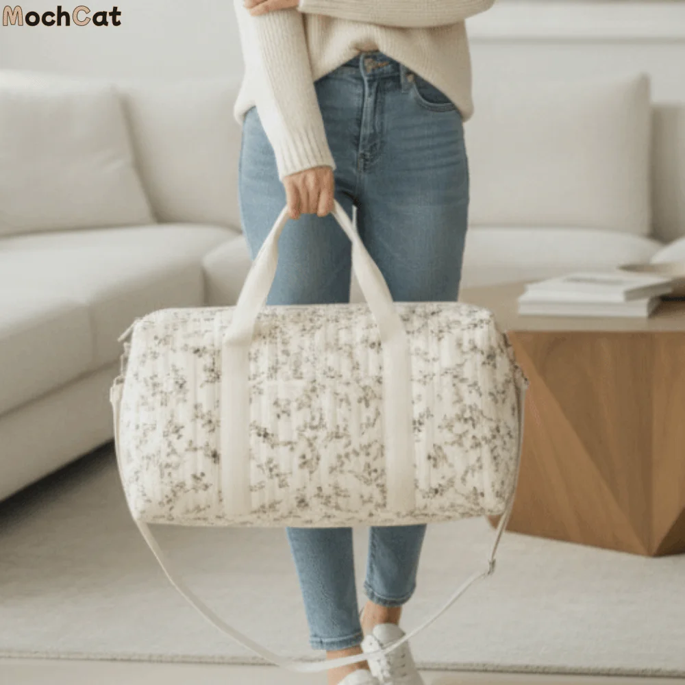 Cotton Duffel Bag Lightweight Cylinder Handbag Quilted Soft Diaper Organizer Durable Washable Mommy Travel Bag Daycare
