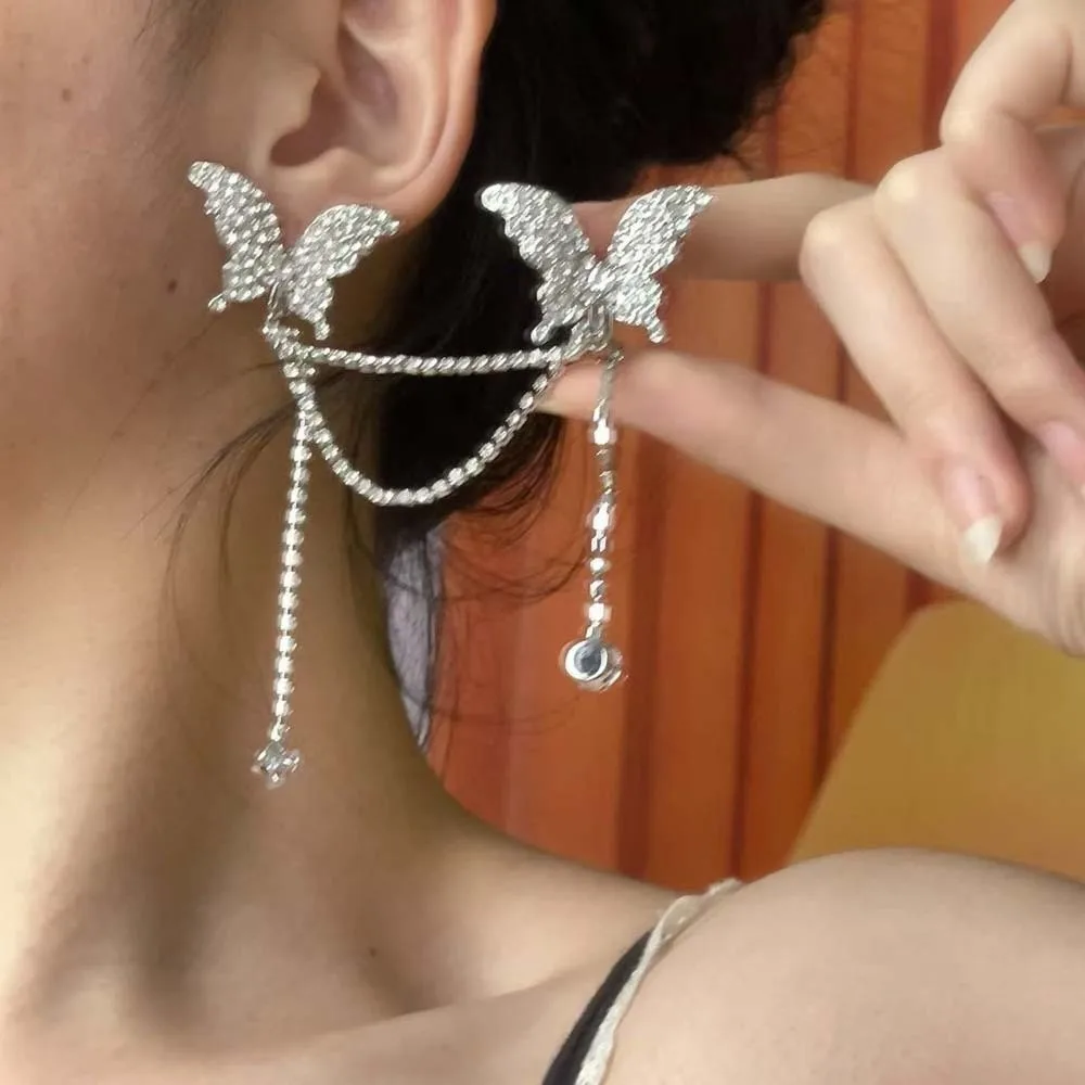 

1 pair Luxury Rhinestone Butterfly Earrings Alloy Jewelry Silver Tassel Ear Clip Inlaid Design Long Shiny Temperament Eardrops