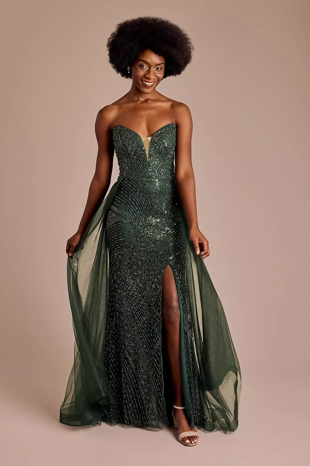 Vestido feminino personalizado com saia de lantejoulas sem alças verde escuro e estilo rabo de peixe dividido lindo e elegante vestido de noite