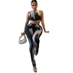 Women's 3D Print Sleeveless O-Neck Zipper Vest and Long Pants, 2 Piece Set