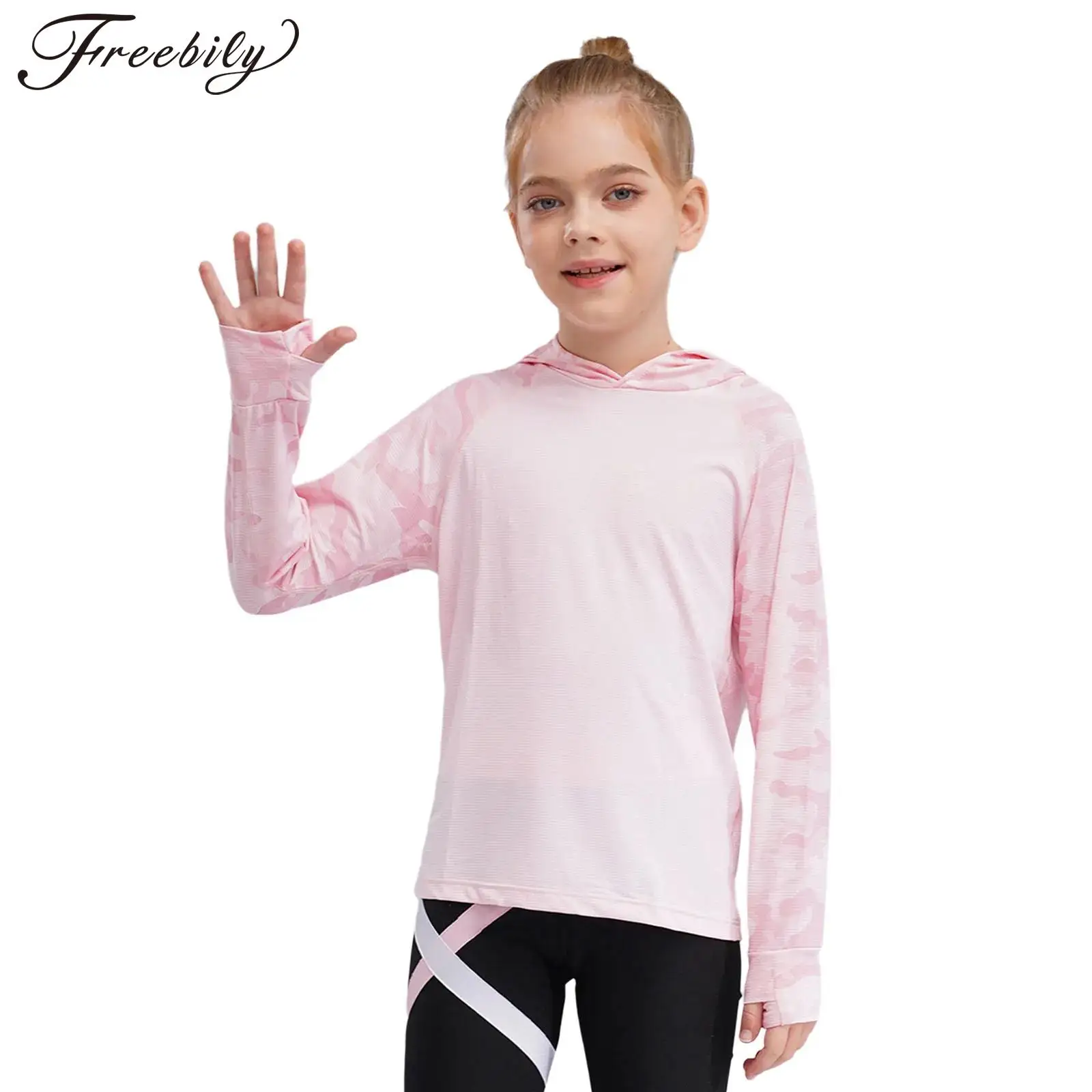 Kids Girls Camo Print Athletic Hoodie with Thumbholes Sweatshirt Quick Dry UPF 50+ Rash Guard Sun Shirt