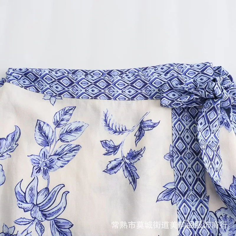 BWQ 2025 Women's Retro Printed Mini Skirts Fashion Bow Bandage Flower High Waist Skirt Summer Casual Versatile Beach Short Skirt