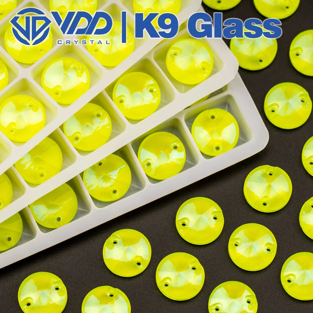 VDD 12mm Rivoli Neon Lemon AAAAA K9 Glass Sewing Crystals Sew On Rhinestones Flat Back Stones For DIY Crafts Clothes Decorations