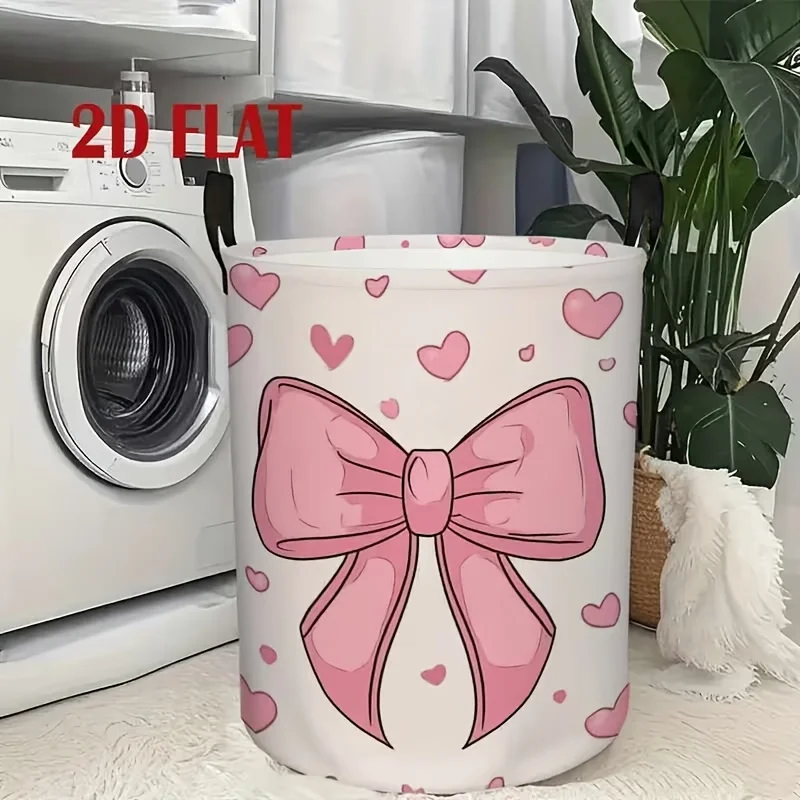 Washing Basket, with Pink Bow And Heart Pattern Decorative Multifunctional Folding Laundry Basket Laundry Baskets - view 4