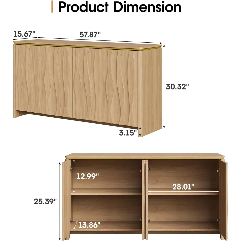 Armadietto a buffet scanalato con contenitore, ante con motivo ondulato 3D e bordi curvi, credenza moderna per sala da pranzo, cucina, ingresso