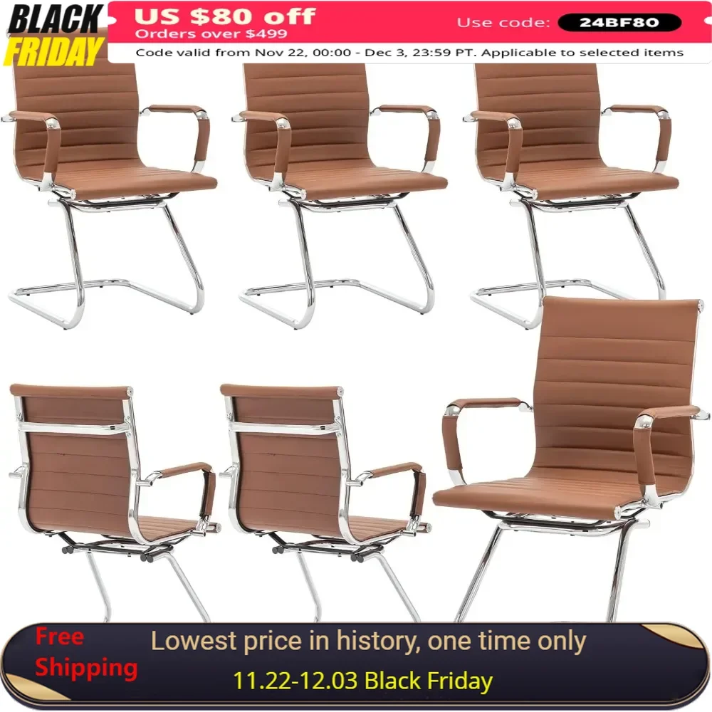 

Conference Chairs Set of 6 with Arms, Mid Back PU Leather, Metal Leg, Sled Base, Conference Chairs