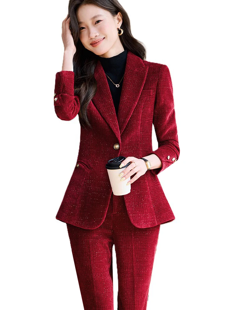 

Women's Pant Suit Red Coffee Black Office Ladies Work 2 Piece Set Blazer