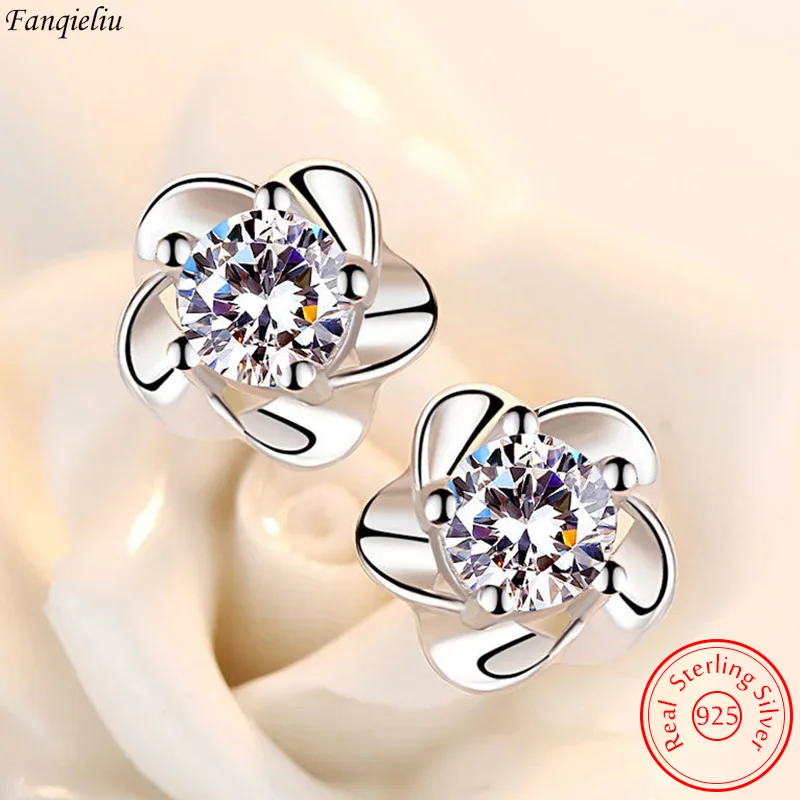 Fanqieliu Real 925 Sterling Silver Woman\'s High-quality Fashion Jewelry New Crystal Zircon Flower Stud Earrings FQL23650