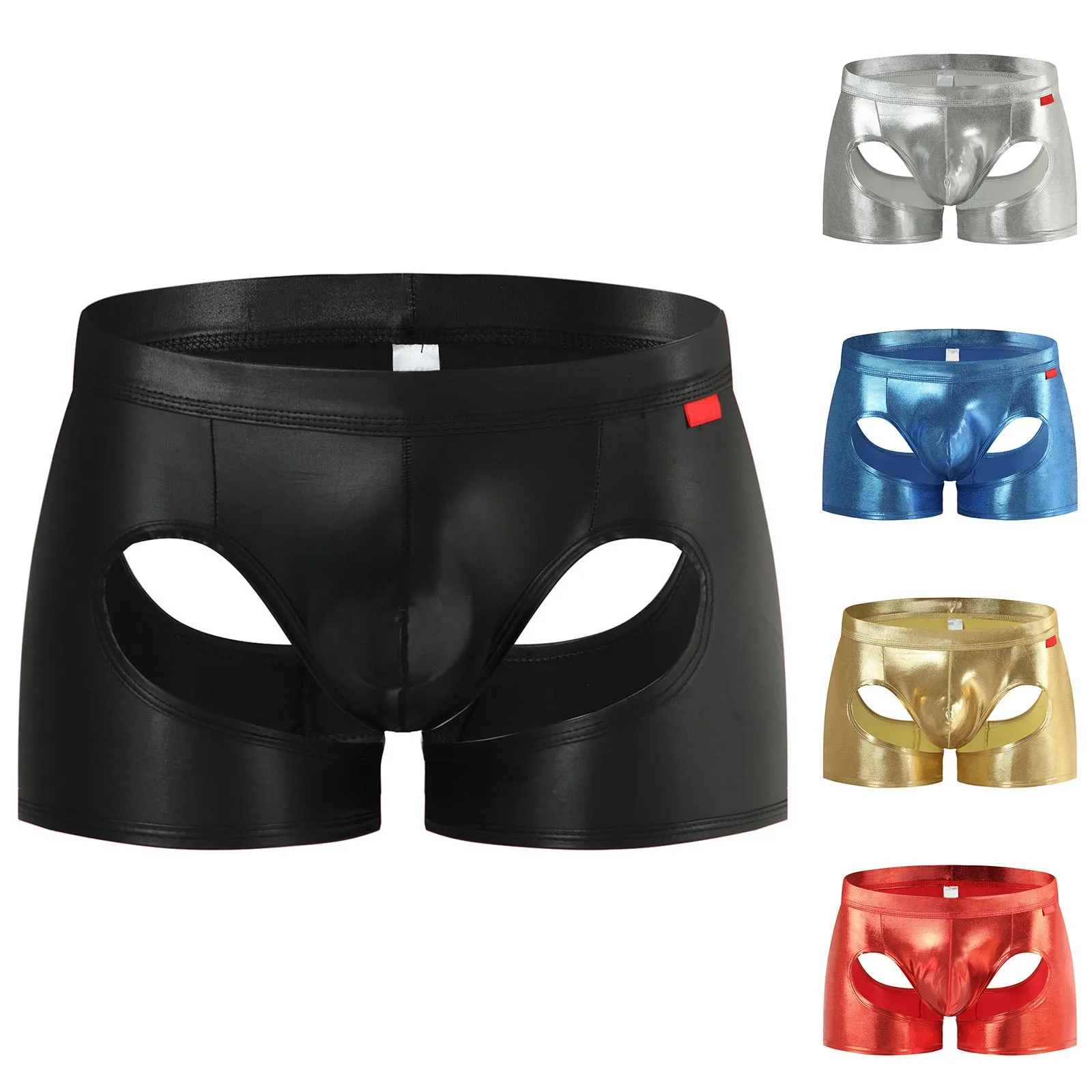 Mens T Shaped Pants Leather Double Open Cut Underwear Color Matching Mesh Low Waisted Underwear Beef