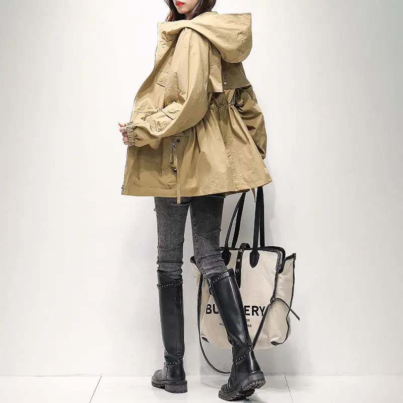 Charge Coat Women's Spring Autumn 2023 New Korean Version with a Slim Waist and Loose Fit Hooded Mid length Windbreaker WJ383