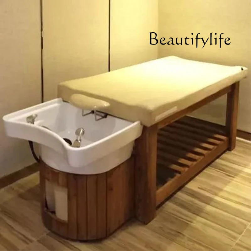 Shampoo bed Beauty salon Shampoo bed Full lying barber shop Ceramic basin ear picking hair care Solid wood flushing bed