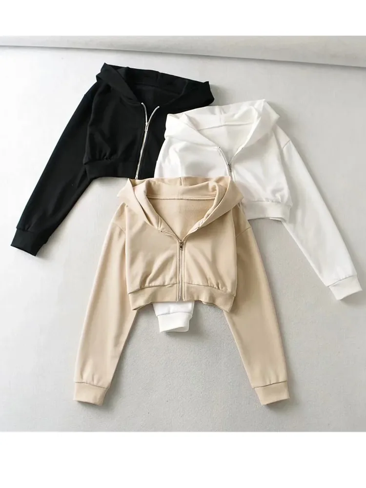 2022 Autumn Zipper Hooded Cropped Sweatshirt Bandage Cross Elastic Waist Wide Leg Trousers Women Joggers Pants Matching Set