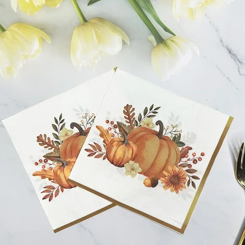 20pcs New Pumpkin Gold Trimmed Colourful Napkins Halloween Ambiance Paper Placemats Thanksgiving Party Paper DIY Decoupage Paper