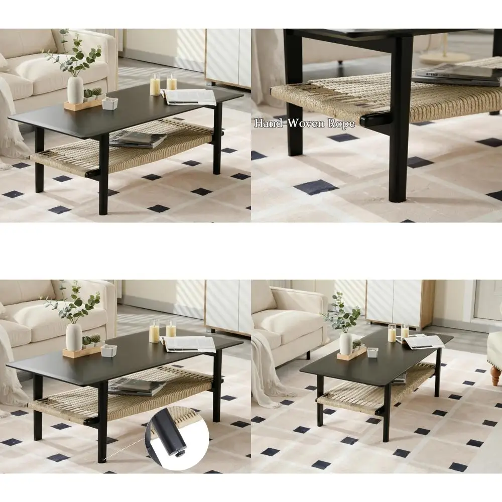 

Large Rectangular 2-Tier Farmhouse Style Coffee Table with Natural Rattan Storage Shelf for Living Room