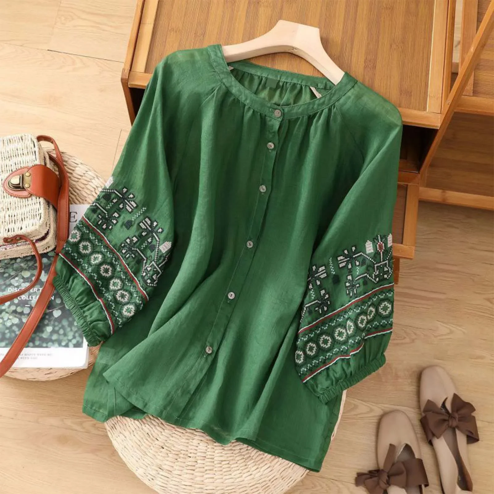 2025 Women's Boho Embroidered Shirts & Blouses Vintage Cotton Linen Tops Blusas Long Sleeve Single-Breasted Blouse Top Camisas