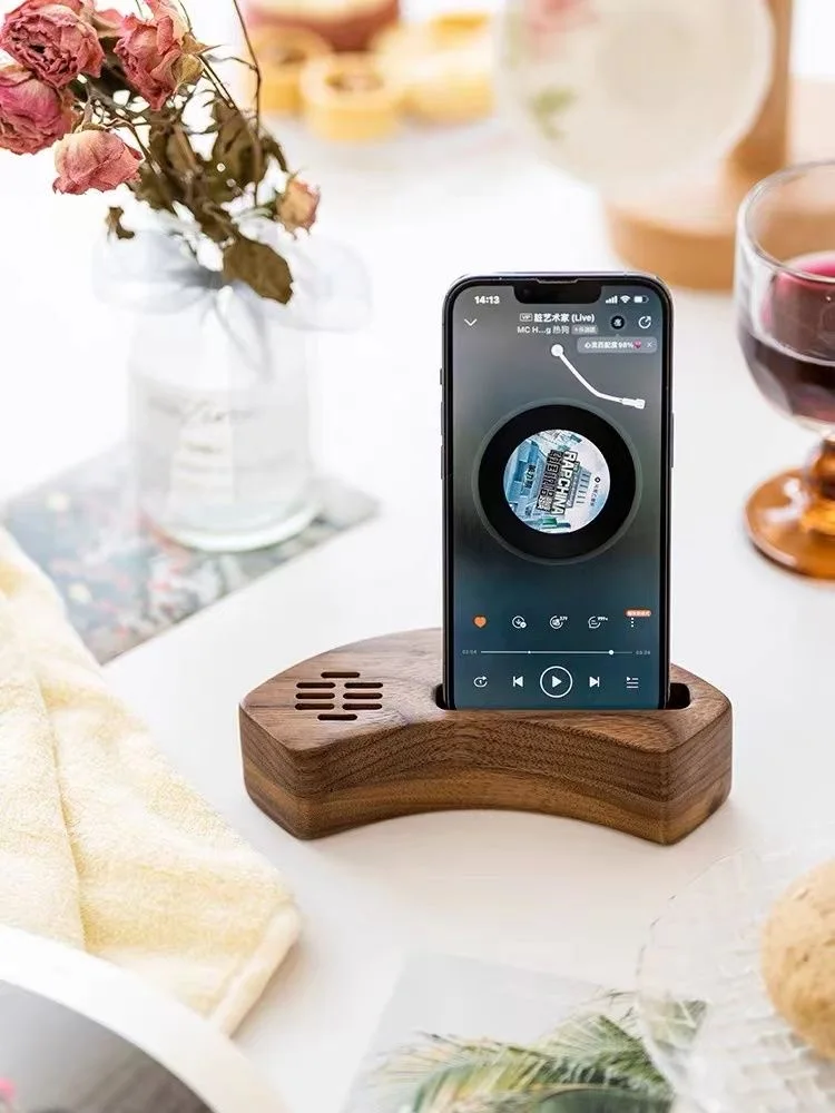 

Black walnut physical loudspeaker watching drama theatre artefact creative solid wood office mobile phone holder