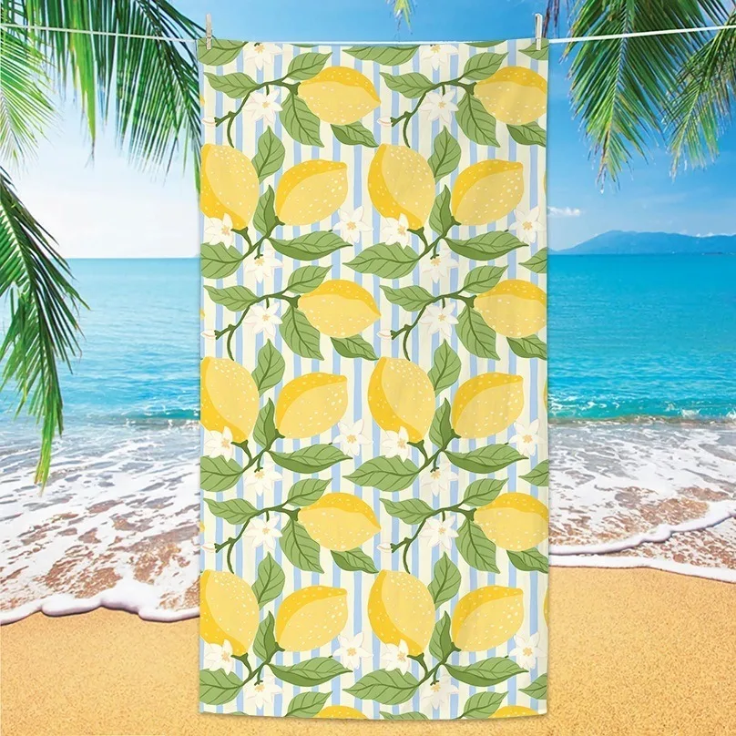 Mediterranean Lemon Microfiber Beach Towel Oversized Summer Fruit Blue White Stripes Bath Towel Extra Large Sand Free