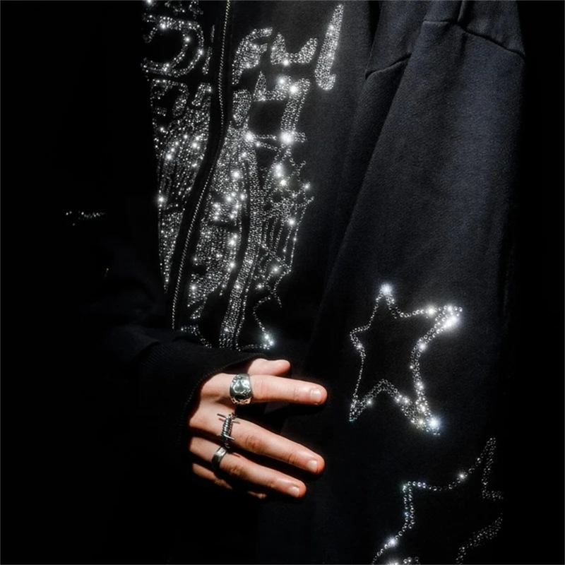 Vintage Zip Up Hoodie Women Men Rhinestone Graphics Oversized Sweatshirts Aesthetic Pullover Jackets Gothic Streetwear Dropship