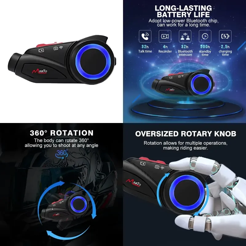 2026 Hot Sale Maxto M3S 2K Motorcycle Recorder for 6 Riders Group Talking Helmet for 4.5 Hours Recording 1 Year