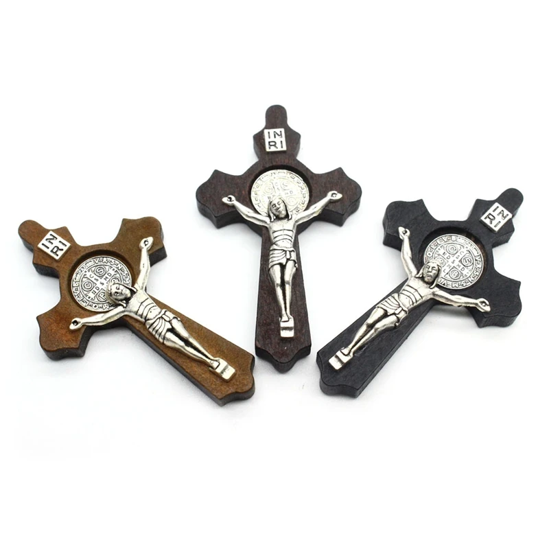 6*3.5 CM Vintage Wood Cross Metal Jesus Pendant Black Brown Religious DIY Accessories 5pcs/Lot