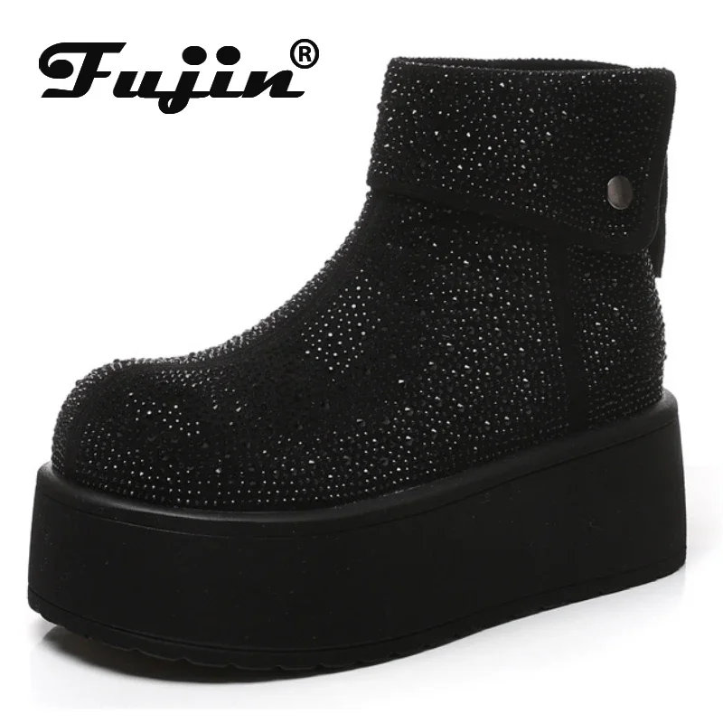 Fujin 7cm Synthetic Women Microfiber Leather Spring Fashion Ankle Booties Autumn Chunky Sneakers Bling Platform Wedge Flat Shoes