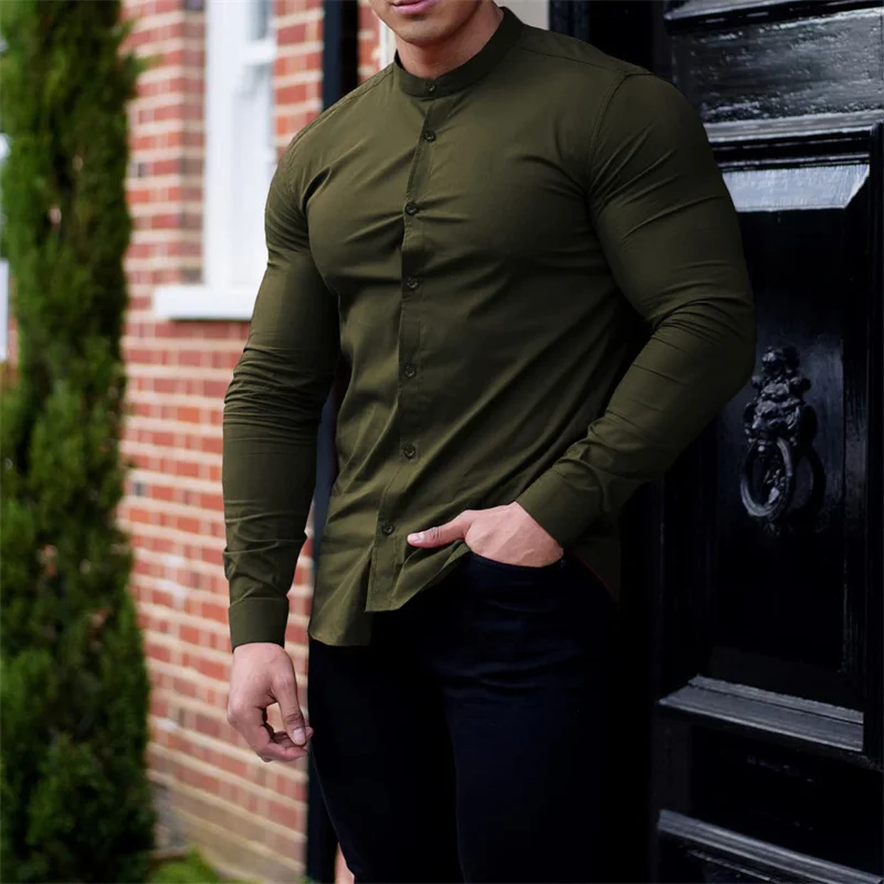 High Elasticity GYM Long Sleeved Men\'s Shirt Solid Summer Casual Standing Collar Shirt Hawaiian Street Wear Daily Men\'s Shirt