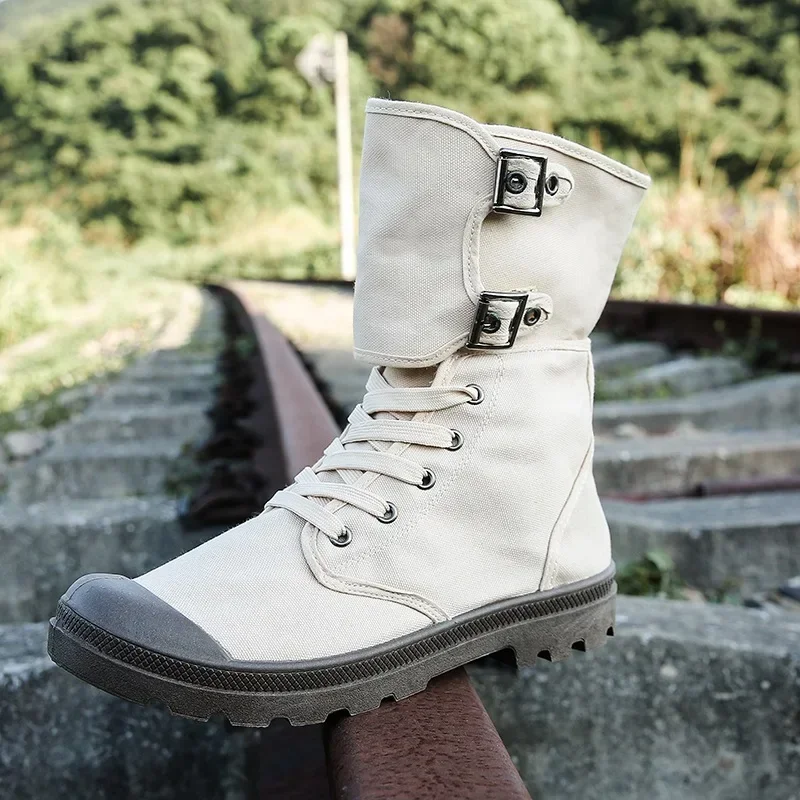 Men's Long Canvas Shoes Outdoor High Top Casual Boots Desert Tactical Anti Slip Mountaineering Work Shoes 2026 New Boots for Men