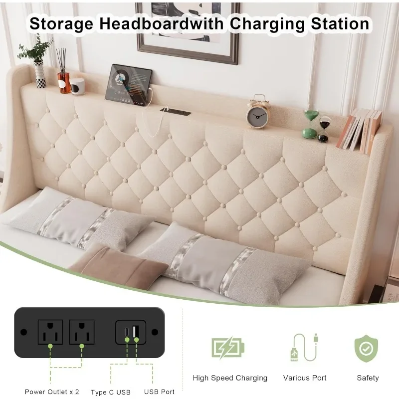 Bed Frame with 4 Storage Drawers, Upholstered Storage Bed with Charging Station