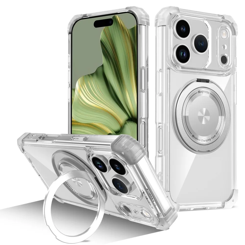 Funda magnética transparente para iPhone 17 Pro Max 17 Air 17Pro Max Cover 360 ° Fundas anticaída con soporte para coche con anillo de metal giratorio