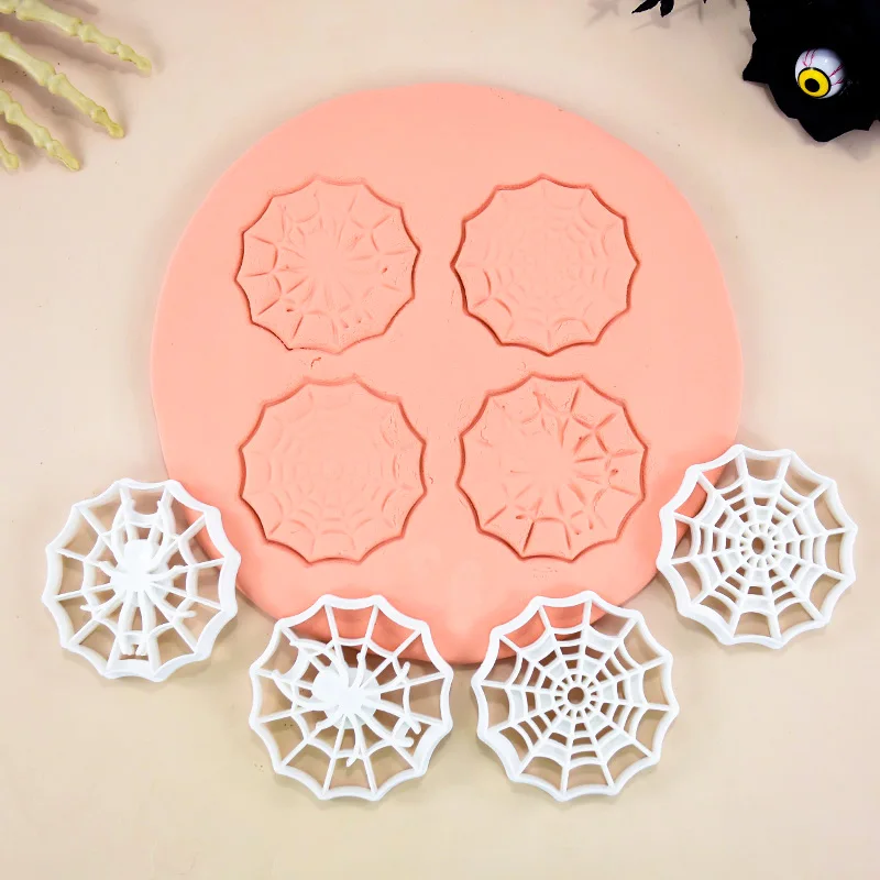 1pc Halloween Cartoon Spider Web Cookie Cutters Spider Plastic Pressable Biscuit Stamp Chocolate Mold Fondant Cake Decor Tools