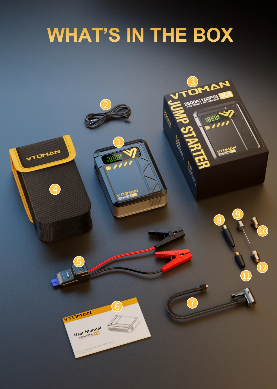VTOMAN X4 2500A – tragbares Starthilfegerät für Autobatterien mit integriertem 150-PSI-Luftkompressor, 12-V-Notfall-Starthilfegerät für Fahrzeuge mit 8,5-Liter-Benzin- und 6,0-Liter-Dieselmotoren. – Detail 12
