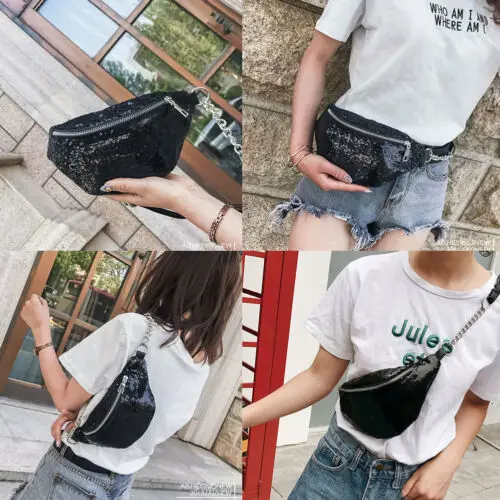 Neue Mode Frauen Glitter Pailletten Fanny Pack Taille Tasche Brust Beutel Leder Pouch Bum Gürtel Schulter Tasche Reise Sport Tasche geldbörse