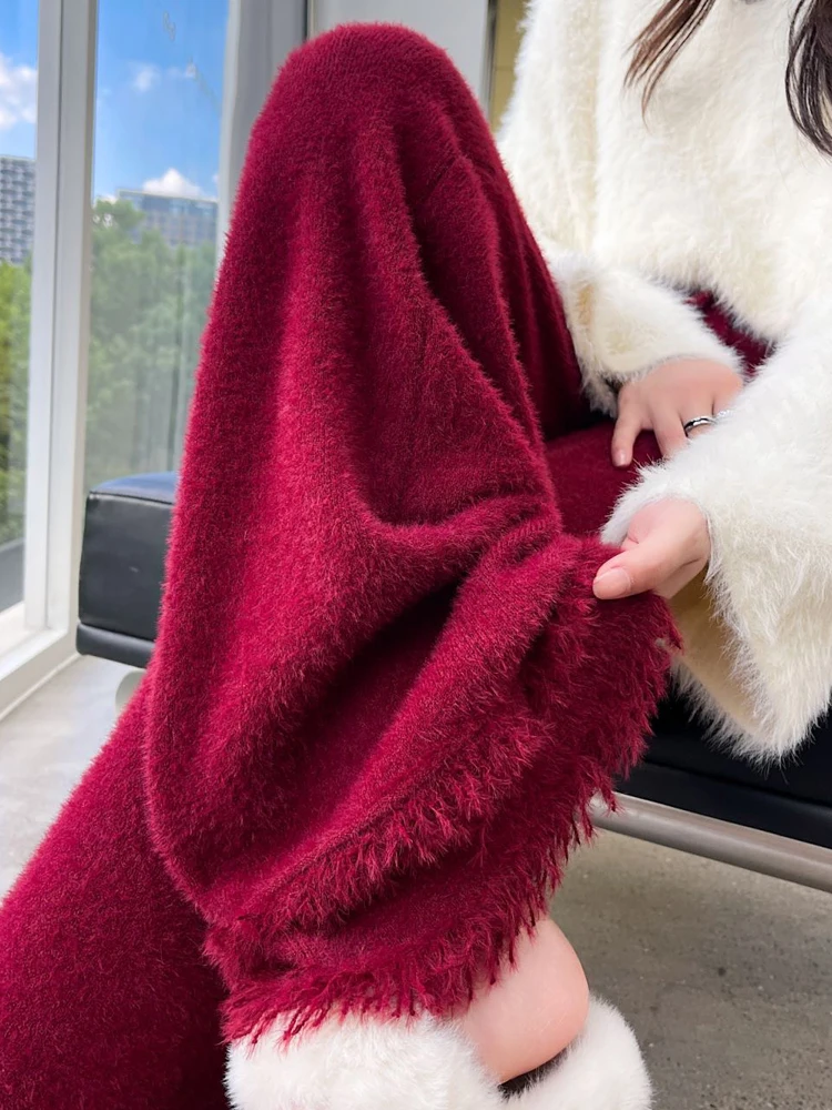 

2025 Autumn/Winter New Mink Cashmere Wide Leg Pants for Women Thickened Warm Loose High Waist Strap up Vertical Casual Pants