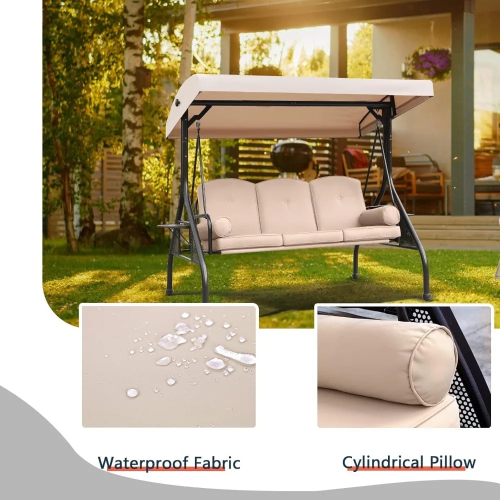 Patio Swing, Outdoor Swing with Adjustable Canopy, Pillow and Foldable Side Tray for Patio, Backyard, Porch Swing Bed for Spring