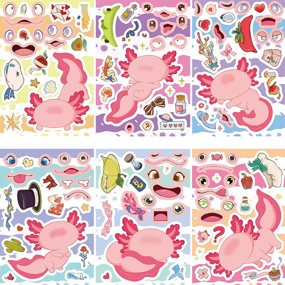 8/16 fogli simpatico cartone animato Axolotl puzzle adesivi divertente fare un viso adesivo bambini fai da te assemblare puzzle decalcomanie giocattoli per il regalo del capretto