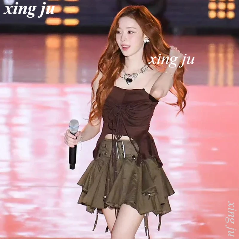 

Kpop Korean Singer Jazz Dance Costumes Sexy Lace-Up Vest Crop Tops Irregular Skirt Women Outfits DJ Stage Performance Clothing