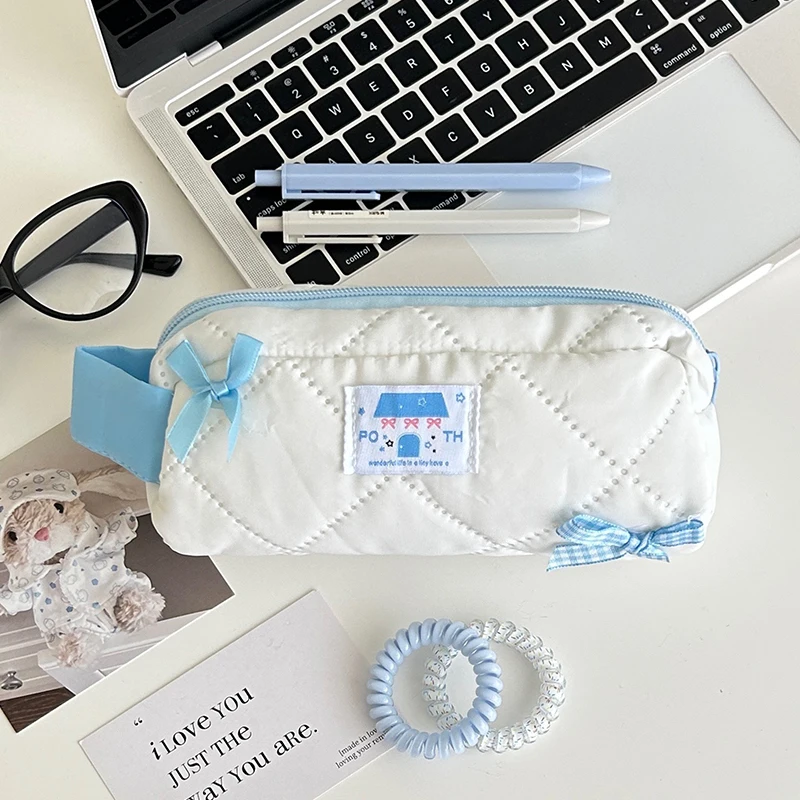 Bow Cosmetic Bag Handbag Zipper Office Cute Student Pen Bag French Style Multifunctional High Capacity