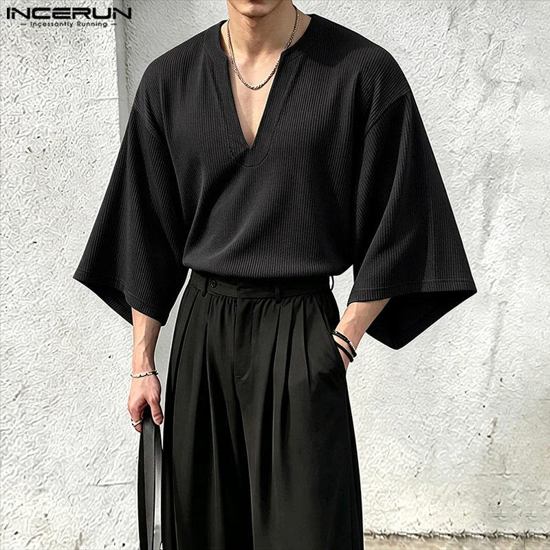 INCERUN Herren T-Shirt, Einfarbig, Locker Geschnitten, V-Ausschnitt, 3/4-Ärmel, Herrenbekleidung, Streetwear, Modisches Freizeit-T-Shirt für Männer, Camisetas