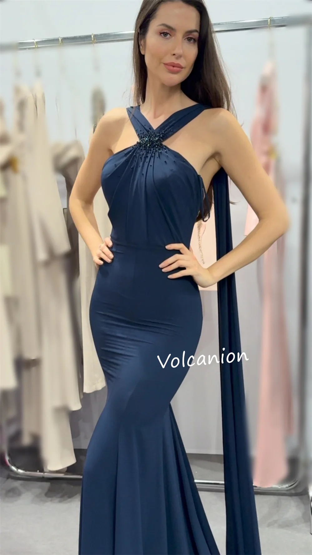 Customized Jersey Pleat Beading Trumpet Halter Long Dresses Bespoke Occasion Party Elegant Classic Matching