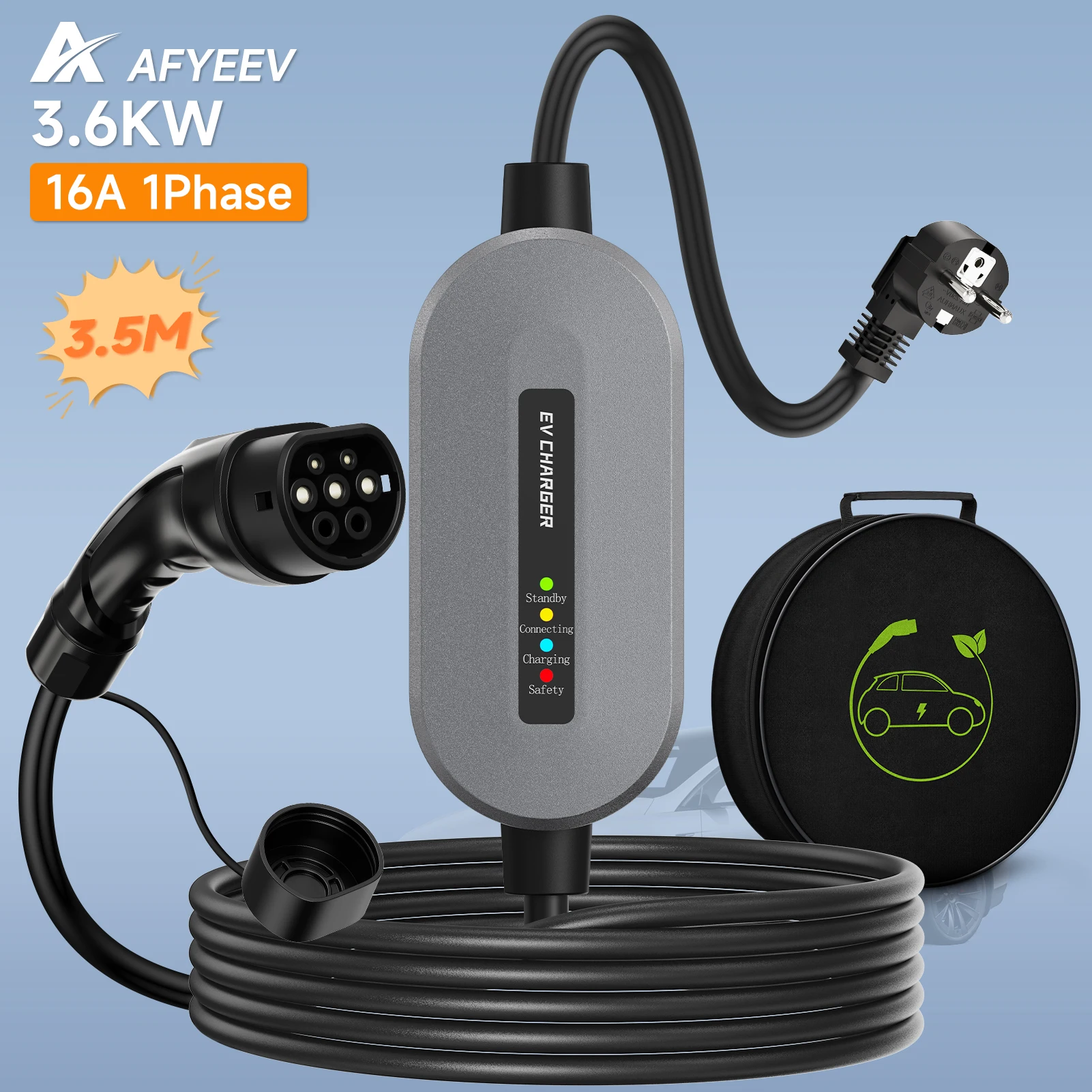 

AFYEEV 3.6KW 16A Type2 IEC62196-2 Portable EV Charger With Indicator Light Type1 SAE J1772 Electric Car Charger GBT EVSE Charger