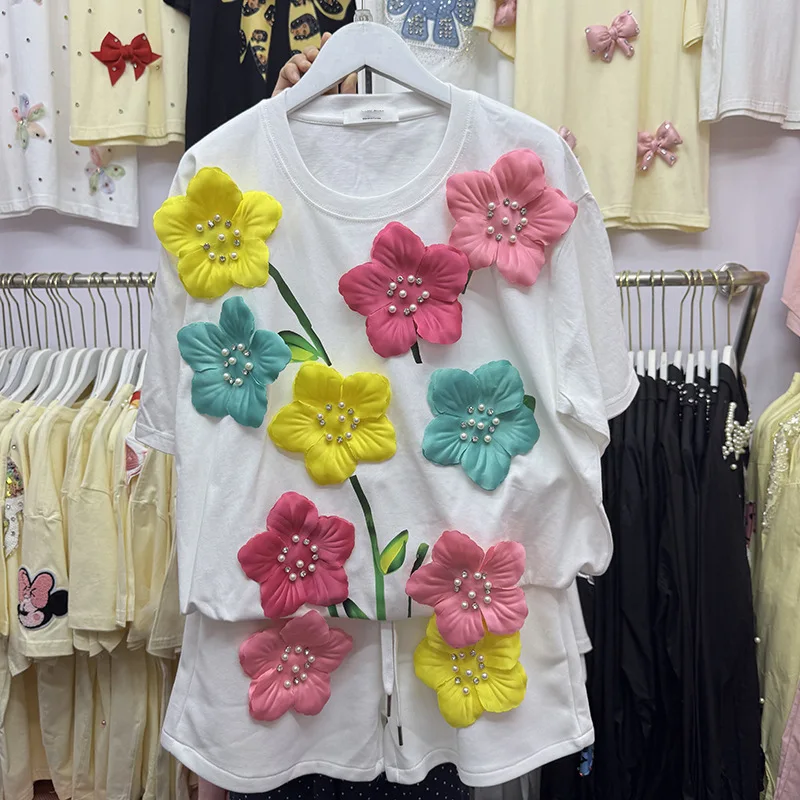 Summer Colorful 3D Flowers T-shirt Pearls Beaded Floral Embroidery Tees O-Neck Short Sleeve Crop Tops+High Waist Shorts 2Pcs Set