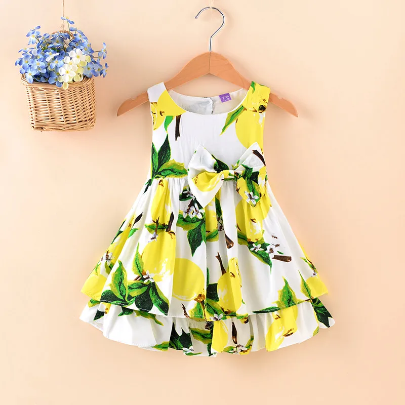 Summer beach casual baby girl dress with lemon print all over bow at waist sleeveless princess dress