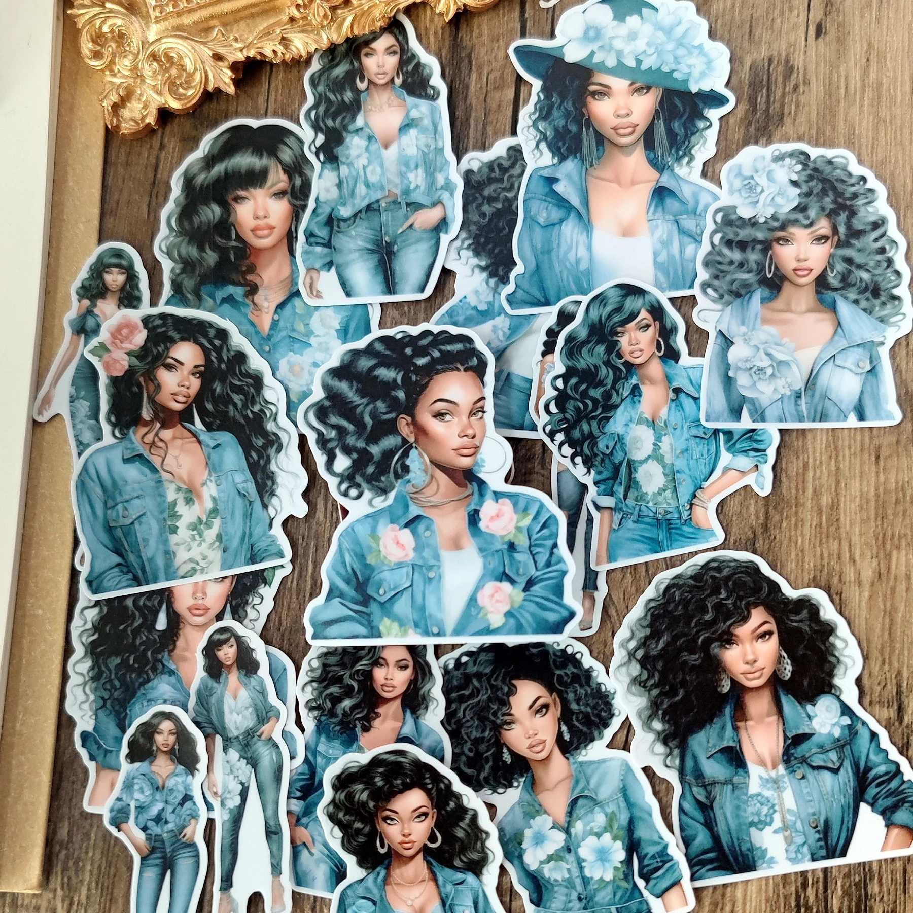 1 set Watercolor Fashionable denim clothing, African black pearl beauty Stickers  Decorative Labels Scrapbooking Junk Journal