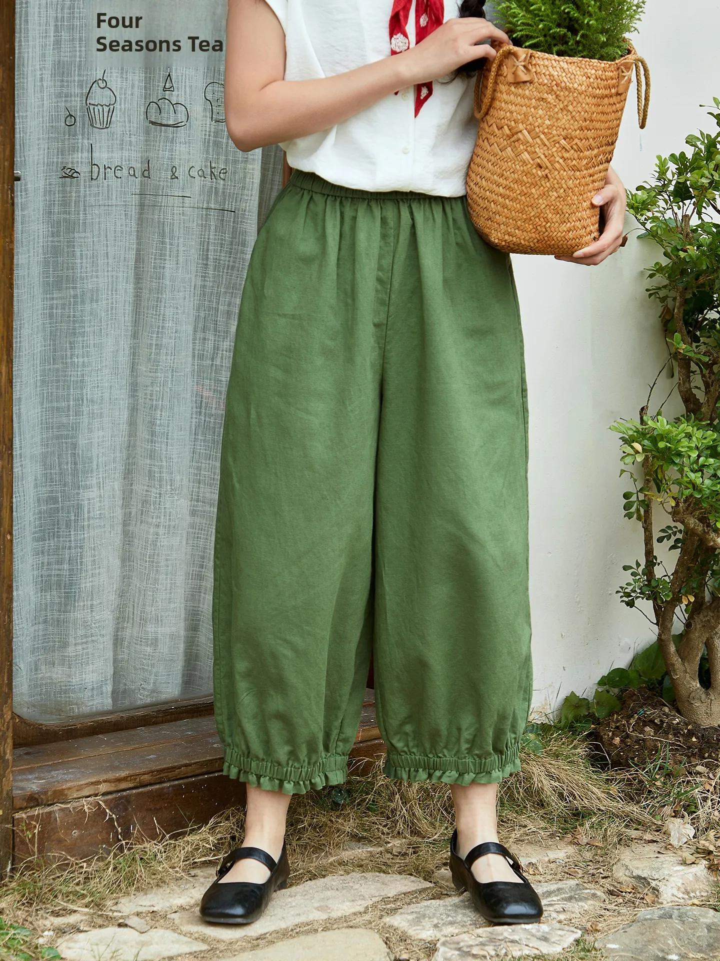 Original Black Linen Wide Leg Pants Women's Summer Small Size Elastic Waist Nine Points Casual Loose Lantern Pants