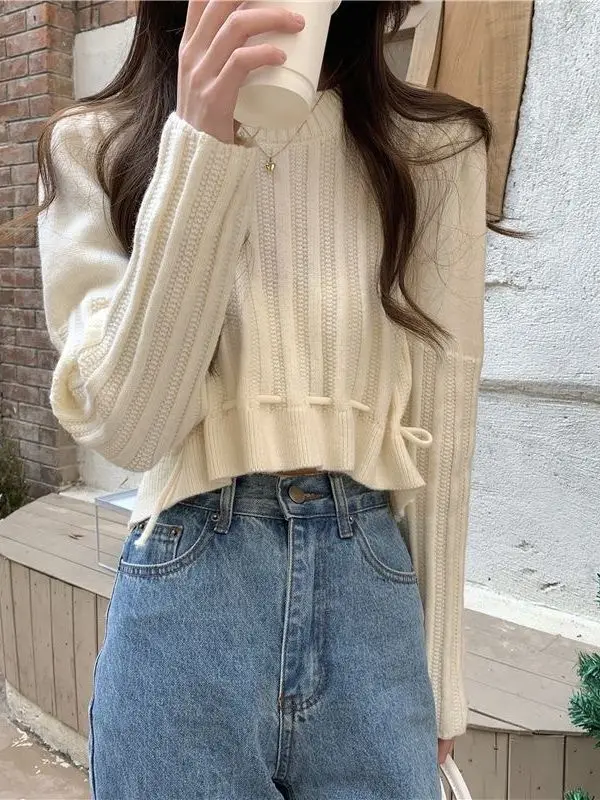 Autumn New Contrast Color Slim Knit Pullovers Woman Sweet Lady Sexy Pullovers Female Khaki White Black Street Pullovers