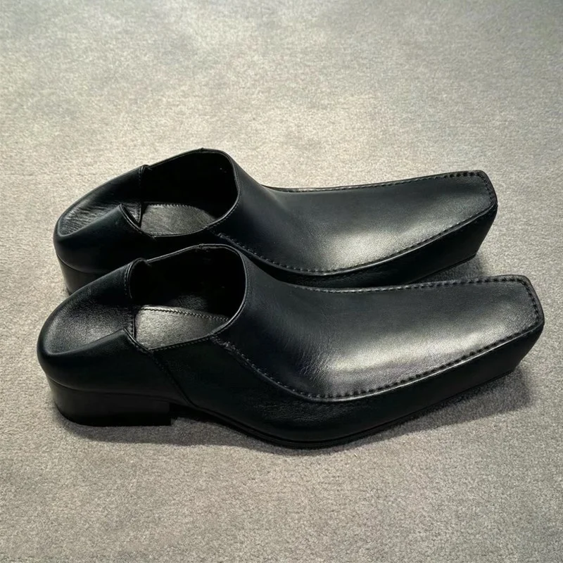 

Thick Heel Retro Square Toe Black Leather Shoes for Men and Women Upturned Toe Single Shoes Trend Height Increasing