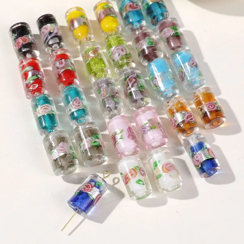 5pcs New 16X9mm Cylindrical Glaze  Beads Hand-Painted Flower Pattern Lampwork Glass beads for Making DIY Bracelet Earrings Jewel