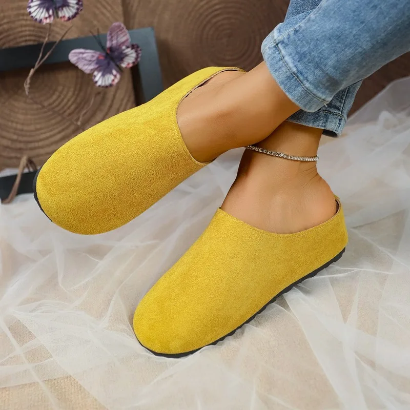 Chinelos femininos dedo do pé fechado dedo do pé redondo camurça tamancos mules primavera outono retro grosso sola inferior chinelos femininos zapatos de mujer